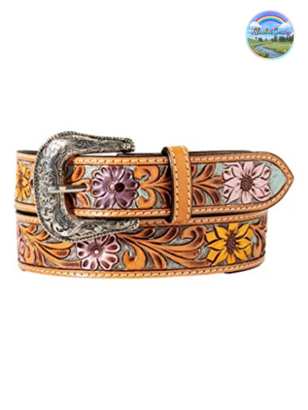 Women's Western Leather Belt with Floral Embossed Overlay, Silver Oval Buckle